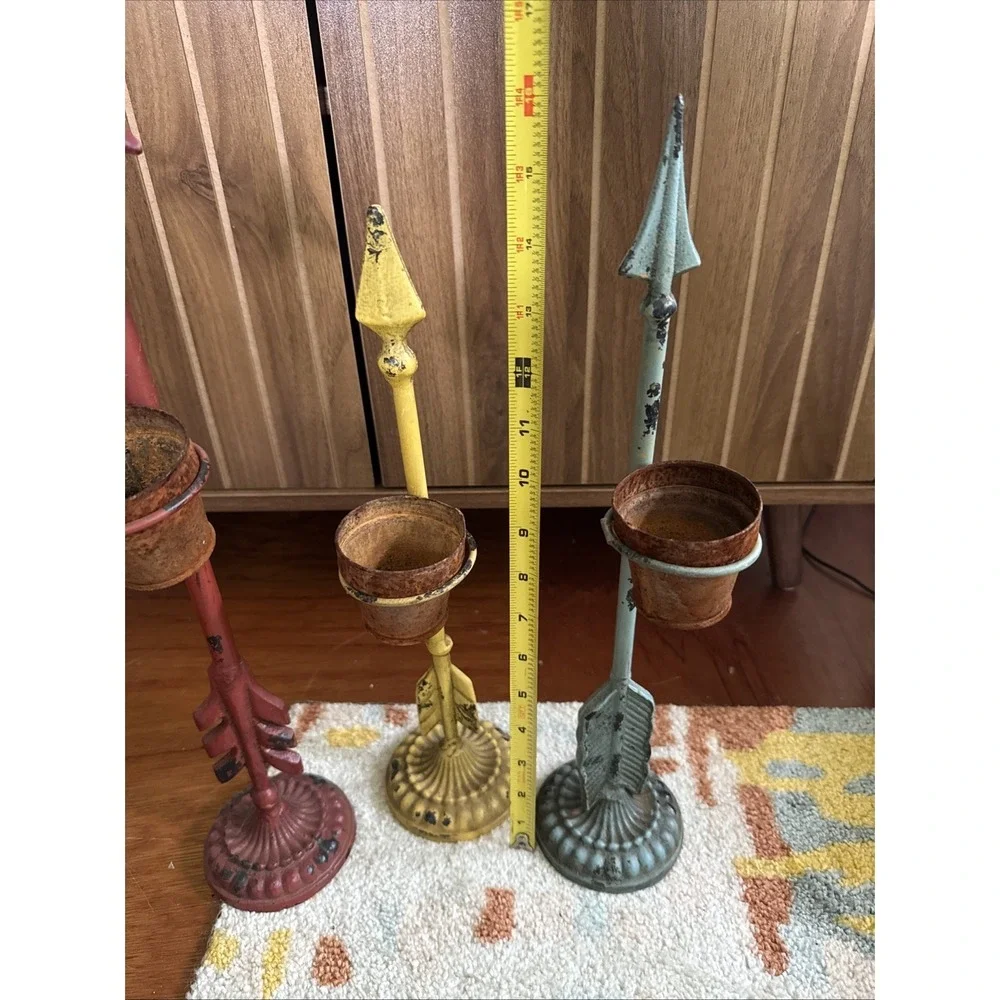 Vintage Cast Iron Arrow Candle Stands Tea Light Holder Set Of 3 Rustic Farmhouse
